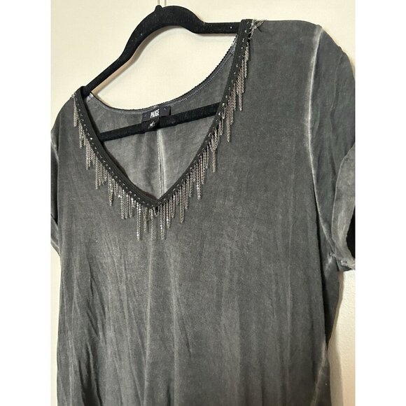 PAIGE Black Gunmetal Tshirt Short Sleeve Top With Metal Fringe V Neck Size Large - Picture 6 of 11
